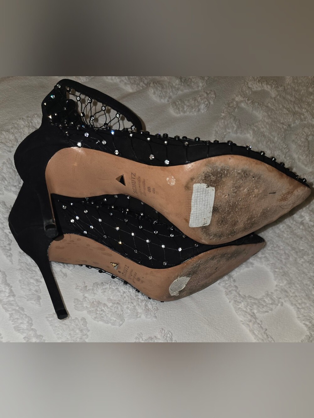 SCHUTZ Black Rhinestone Net Pointed-Toe Heels - Picture 6 of 6